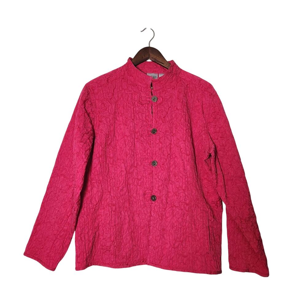Chico's Textured Button Front Jacket XL 3 Mandarin Collar Raspberry Pink‎ Artsy